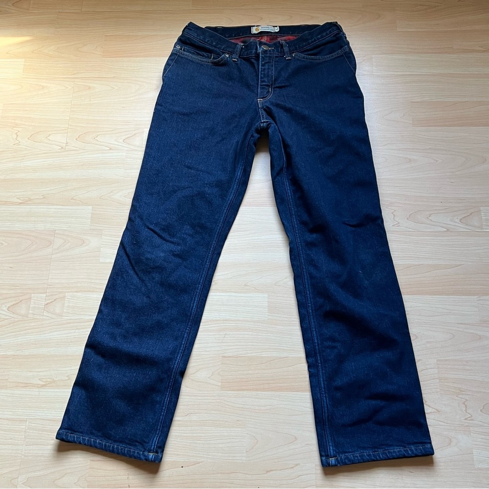 Carhartt Womens Size 8 Short Denim Original Fit Straight Jeans Flannel Lined
